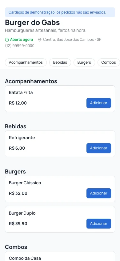 Cardápio real de demonstração em um celular, com produtos e botões para adicionar ao pedido